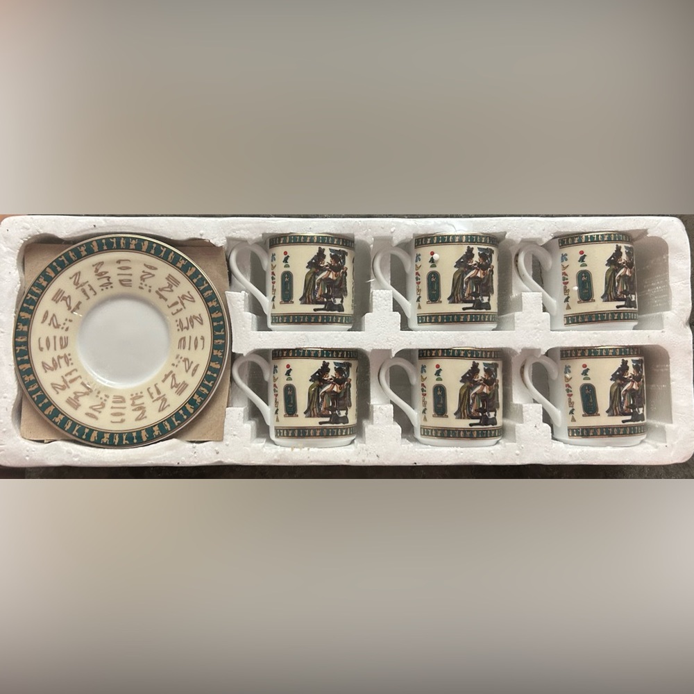 NIB Vintage, Limoges Egyptian cups/saucers set. Artist Fatmy Mahmoud-Porcelain.